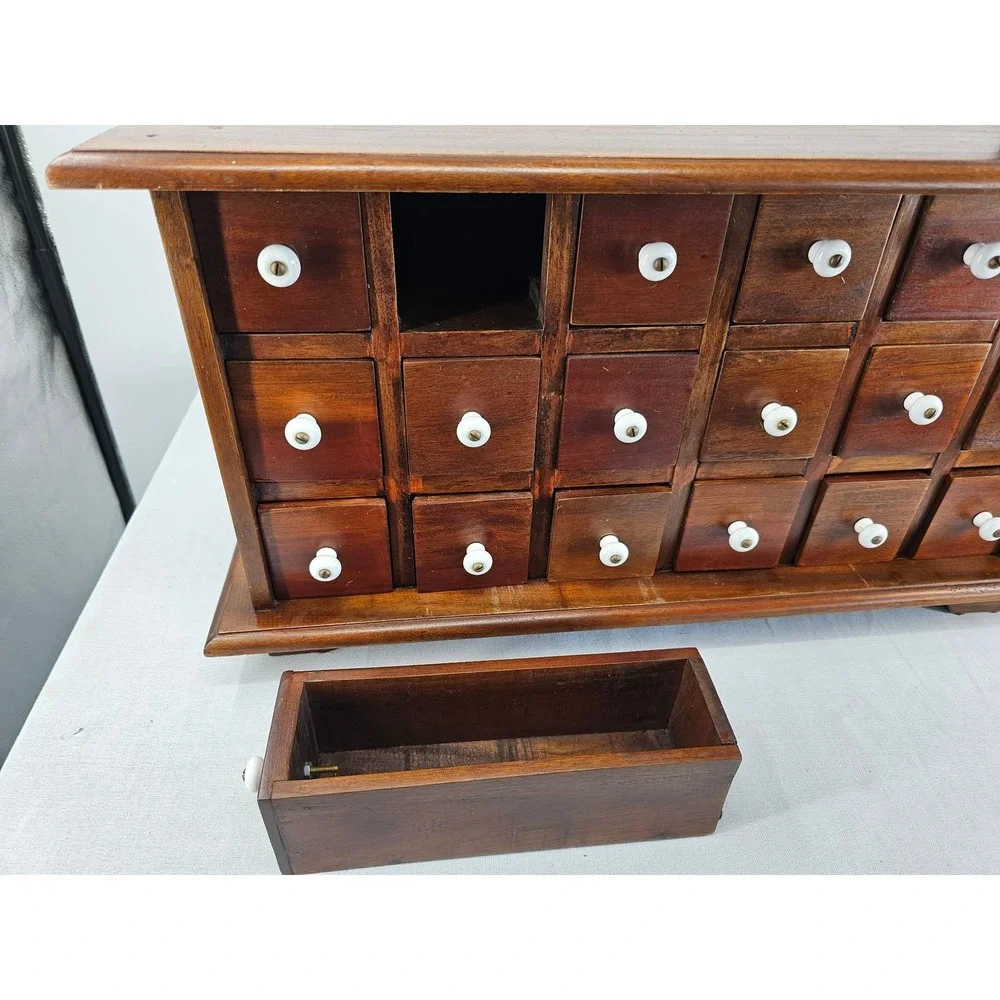 Vintage 18 Drawer Wooden Apothecary Cabinet Jewelry Chest White Ceramic Knobs